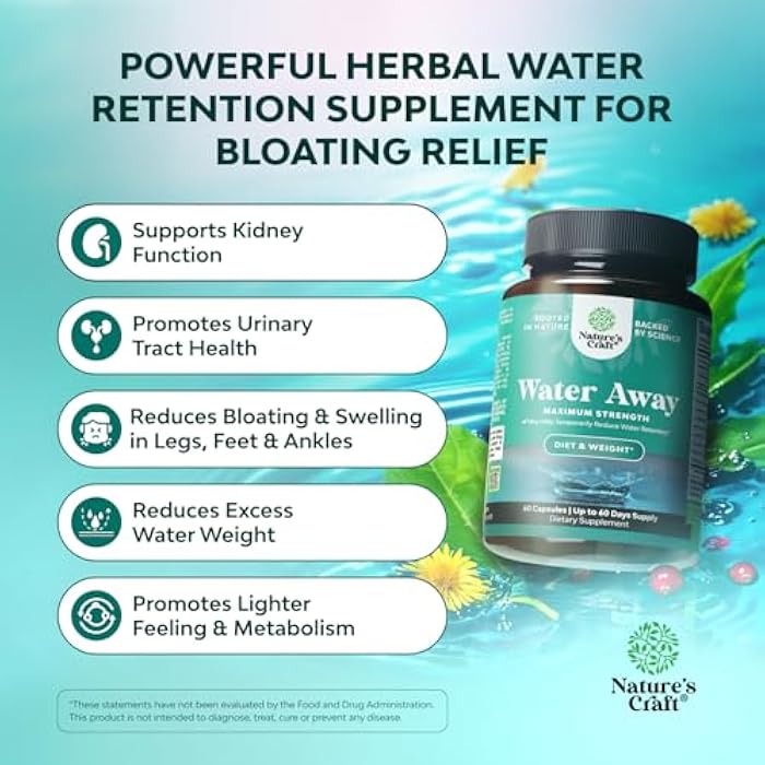 Natures Craft Water Away Herbal Diuretic Pills High Strength - Fluid Retention Supplement with Dandelion Leaf Extract & Green Tea for Bloating Relief for Women & Men - Capsules for Leg & Feet Swelling - 60 Count - Image 2