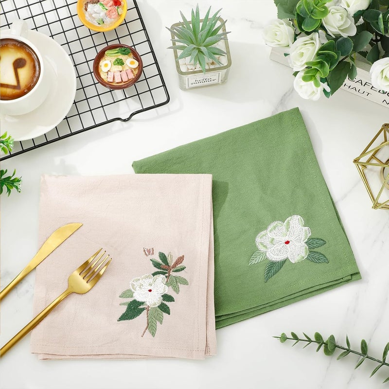 JarThenaAMCS 2Pcs Magnolia Cloth Napkin Nude Sage Green Summer Floral Embroidered Dinner Napkin Reusable Kitchen Top Collection for Spring Dining Table 18 x 18 Inch - Image 3