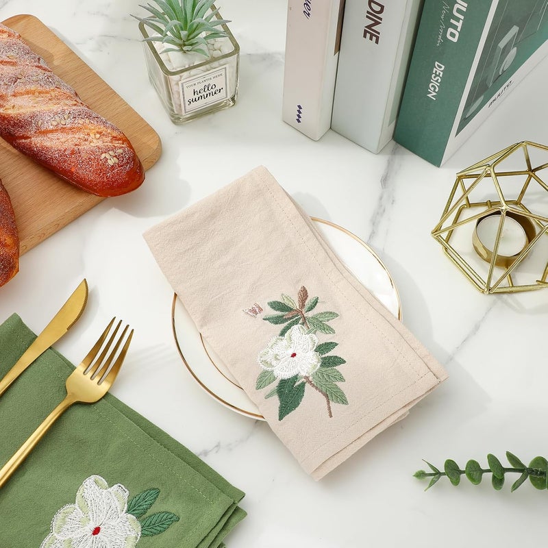 JarThenaAMCS 2Pcs Magnolia Cloth Napkin Nude Sage Green Summer Floral Embroidered Dinner Napkin Reusable Kitchen Top Collection for Spring Dining Table 18 x 18 Inch - Image 4
