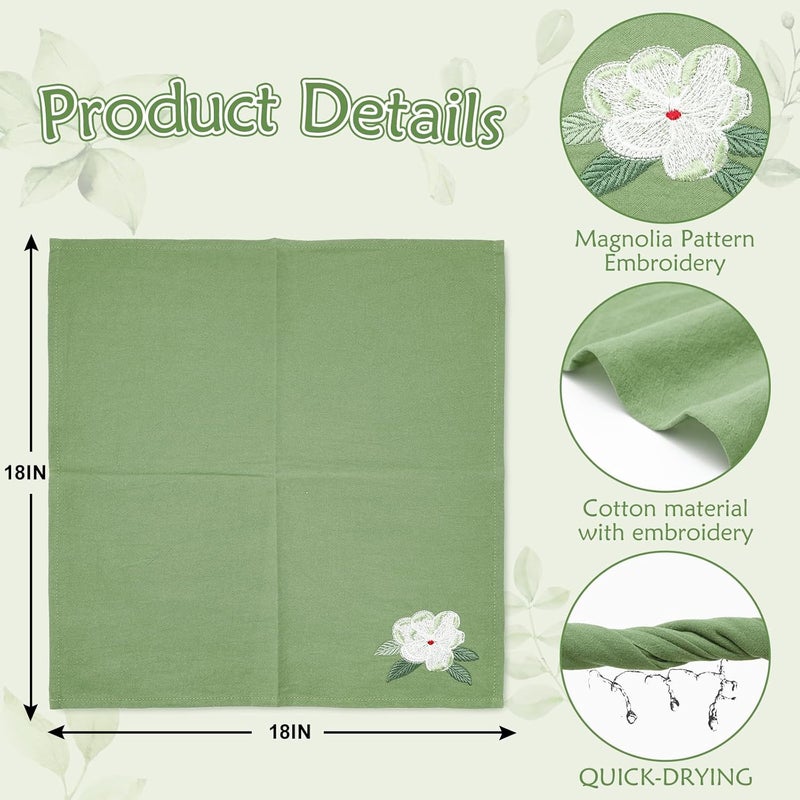 JarThenaAMCS 2Pcs Magnolia Cloth Napkin Nude Sage Green Summer Floral Embroidered Dinner Napkin Reusable Kitchen Top Collection for Spring Dining Table 18 x 18 Inch - Image 2