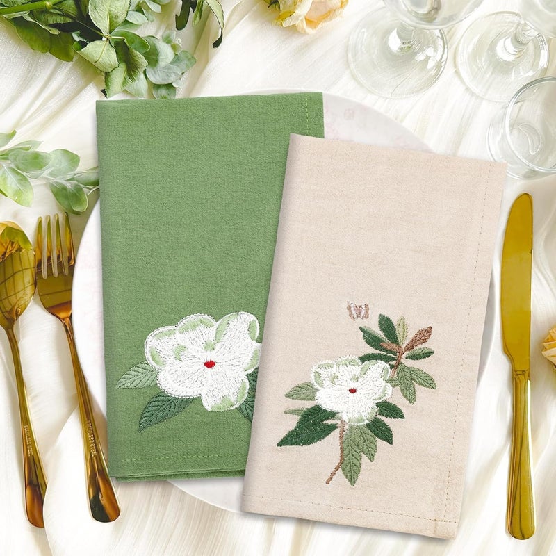 JarThenaAMCS 2Pcs Magnolia Cloth Napkin Nude Sage Green Summer Floral Embroidered Dinner Napkin Reusable Kitchen Top Collection for Spring Dining Table 18 x 18 Inch - Image 1