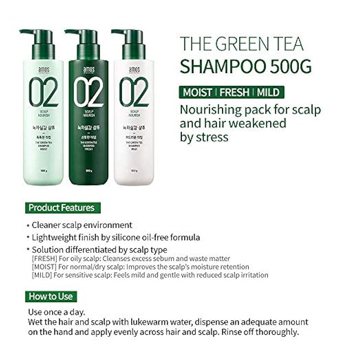 AMOS PROFESSIONAL The Green Tea Shampoo [Fresh - For Oily Scalp] 17.6oz (500g) | Anti-Thinning & Anti- Hair Loss Shampoo for Hair Growth and Cleanse Excess Sebum | Korean Hair Salon Brand - Image 2