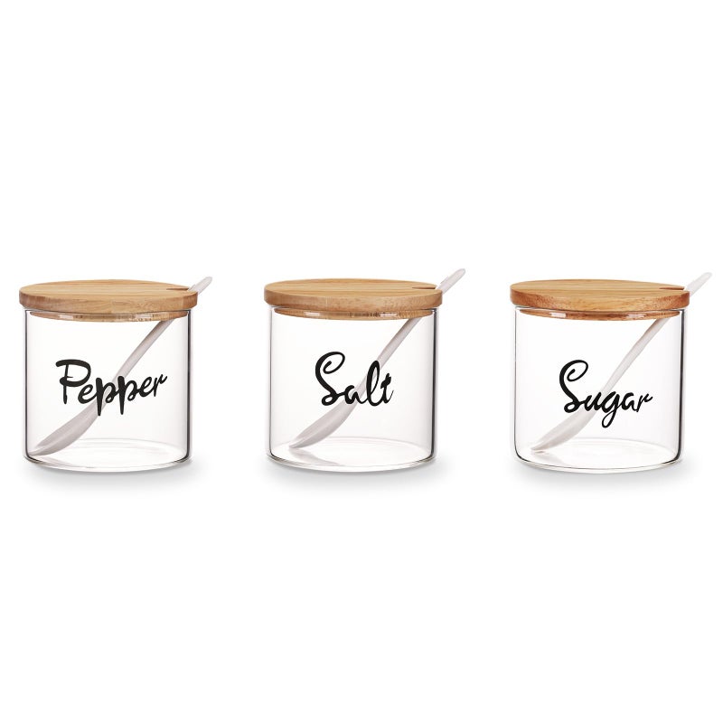 HAOTOP Clear Glass Sugar Pepper and Salt Bowls with Serving Spoon and Lid, Farmhouse Kitchen Countertop Canisters, Container Jar Dispenser Holder for Home Kitchen,12 oz - Image 1