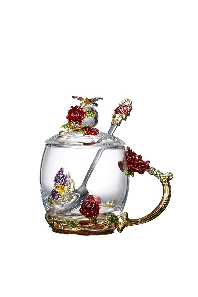 Guon-Wuvl GuonWuvl Flower Teacup Transparent Glass Teacup With Spoon  Lid Fancy Tea CupsTea Cup Gift Gifts for WomenMothers Day Present Rose Red Short Cup