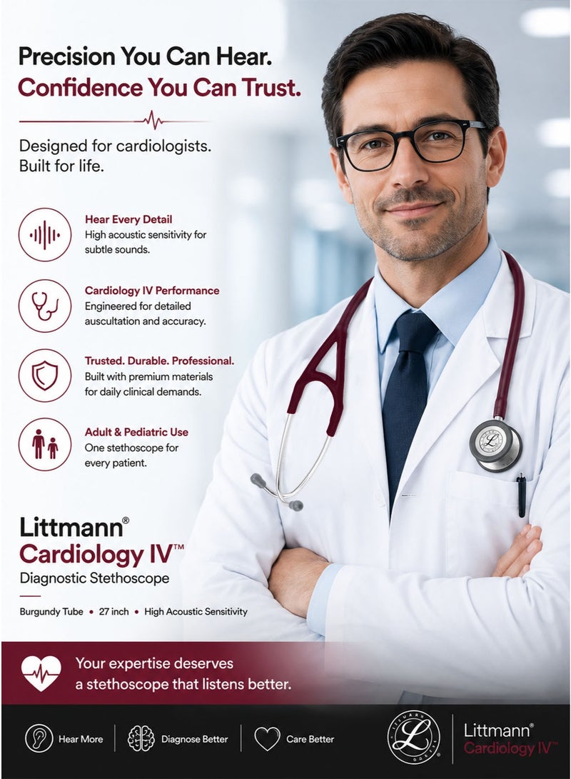 3M Littmann Cardiology IV Diagnostic Stethoscope 6184 Burgundy Tube 27 Inch Professional Cardiology Grade Stethoscope with High Acoustic Sensitivity Dual Sided Stainless Steel Chestpiece Double Lumen Tubing Tunable Diaphragm Soft Sealing Ear Tips Adult and Pediatric Use Non Chill Bell Sleeve Extra Ear Tips for Doctors Nurses Medical Students ICU ED Clinical Examination - Image 2