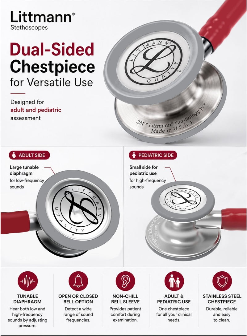 3M Littmann Cardiology IV Diagnostic Stethoscope 6184 Burgundy Tube 27 Inch Professional Cardiology Grade Stethoscope with High Acoustic Sensitivity Dual Sided Stainless Steel Chestpiece Double Lumen Tubing Tunable Diaphragm Soft Sealing Ear Tips Adult and Pediatric Use Non Chill Bell Sleeve Extra Ear Tips for Doctors Nurses Medical Students ICU ED Clinical Examination - Image 4