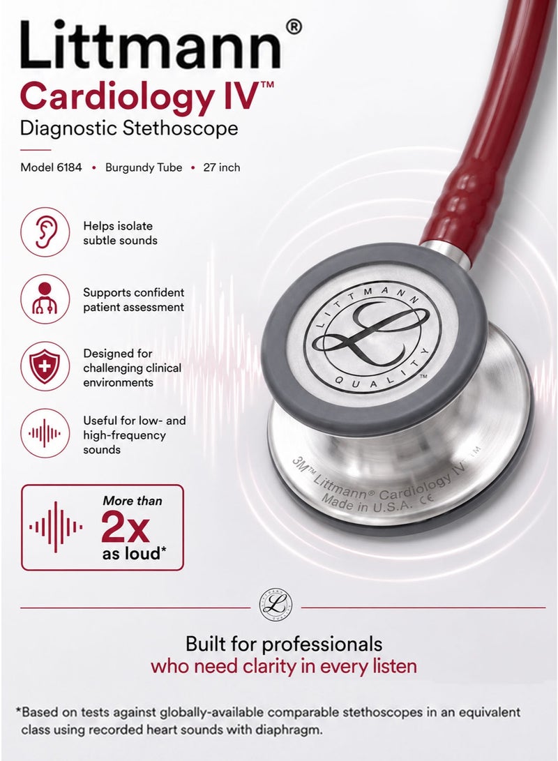3M Littmann Cardiology IV Diagnostic Stethoscope 6184 Burgundy Tube 27 Inch Professional Cardiology Grade Stethoscope with High Acoustic Sensitivity Dual Sided Stainless Steel Chestpiece Double Lumen Tubing Tunable Diaphragm Soft Sealing Ear Tips Adult and Pediatric Use Non Chill Bell Sleeve Extra Ear Tips for Doctors Nurses Medical Students ICU ED Clinical Examination - Image 3
