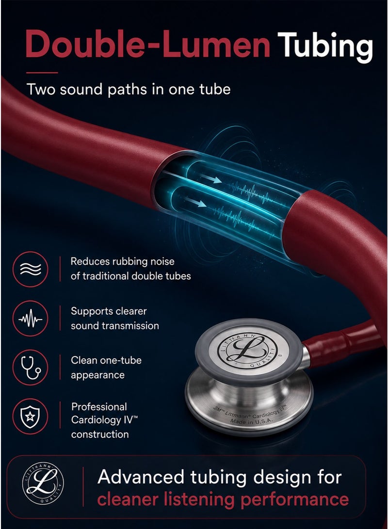 3M Littmann Cardiology IV Diagnostic Stethoscope 6184 Burgundy Tube 27 Inch Professional Cardiology Grade Stethoscope with High Acoustic Sensitivity Dual Sided Stainless Steel Chestpiece Double Lumen Tubing Tunable Diaphragm Soft Sealing Ear Tips Adult and Pediatric Use Non Chill Bell Sleeve Extra Ear Tips for Doctors Nurses Medical Students ICU ED Clinical Examination - Image 5