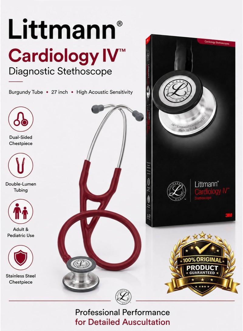 3M Littmann Cardiology IV Diagnostic Stethoscope 6184 Burgundy Tube 27 Inch Professional Cardiology Grade Stethoscope with High Acoustic Sensitivity Dual Sided Stainless Steel Chestpiece Double Lumen Tubing Tunable Diaphragm Soft Sealing Ear Tips Adult and Pediatric Use Non Chill Bell Sleeve Extra Ear Tips for Doctors Nurses Medical Students ICU ED Clinical Examination - Image 1