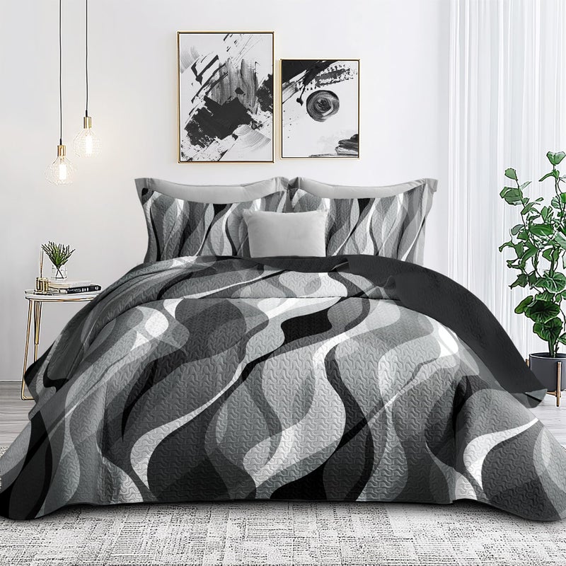 Classic Line Pattern Bedding Quilt Queen Size Modern Grey Black and White Stripe Quilt with 2 Shams Gray and White Comforter Sets Lightweight Breathable Bedspreads Coverlet 90x96
