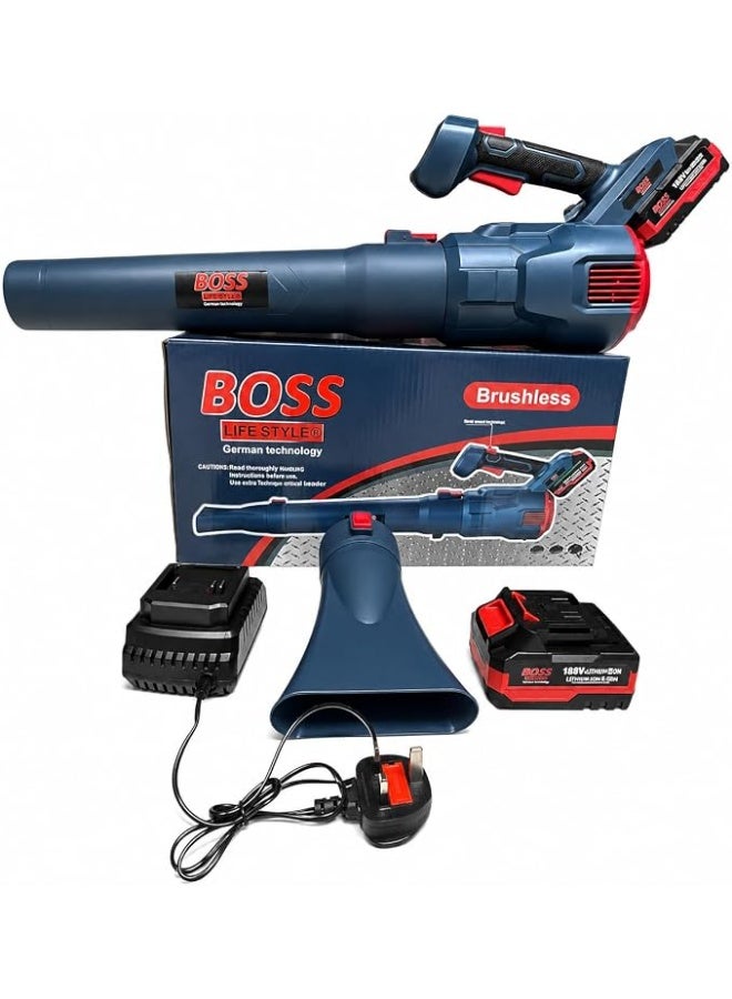BOSS Brushless Cordless Leaf Blower Kit with 2 Rechargeable Batteries & Fast Charger, Portable Electric Air Blower for Garden, Yard, Patio, Garage, Car Drying & Dust Cleaning