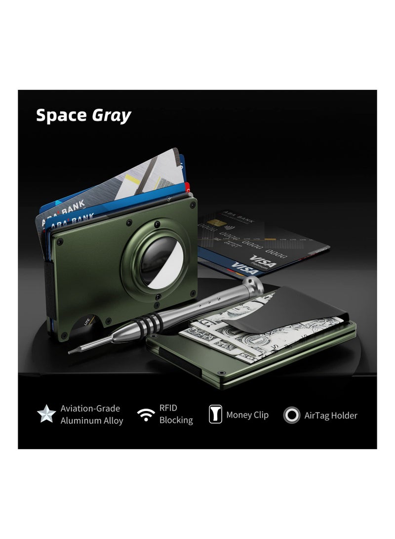 Zikra Slim Minimalist RFID Blocking Wallet for Men with AirTag Holder, Front Pocket Design, Metal Card Holder, and Money Clip - Army Green - Image 1