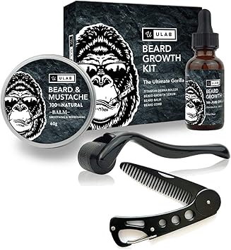 uLab Ultimate Gorilla Beard Growth Kit with Derma Roller Beard Oil Beard Balm and Foldable Styling Comb Gift Set for Men For Beard Growth Styling and Care Contains Microneedle Titanium Roller - Image 1