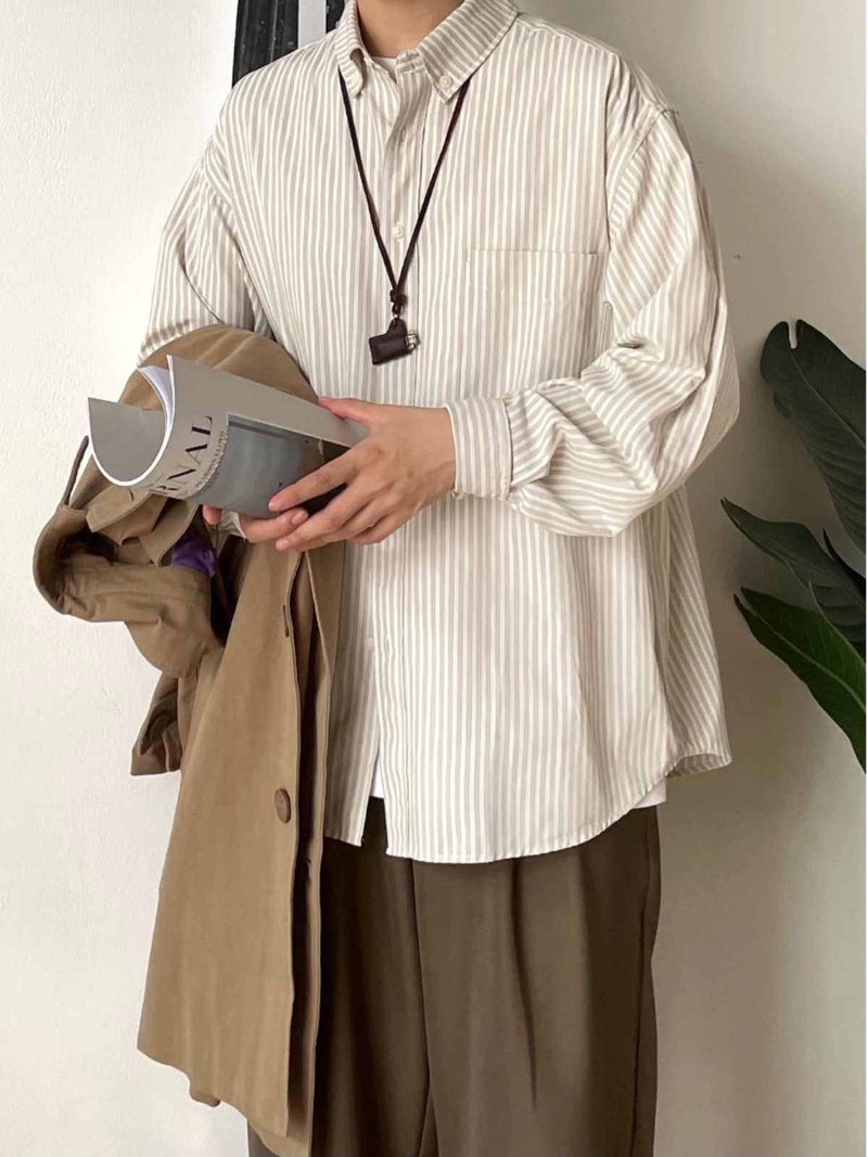 New men's retro spring and autumn long-sleeved striped shirt casual loose trendy versatile shirt jacket - Image 2