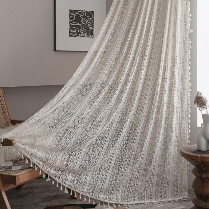 BOHO CURTAINS FOR BEDROOM NURSERY 90 INCH LENGTH BOHEMIAN GEOMETRIC CROCHET SHEER LACE HANDMADE TASSELS WINDOW TREATMENT VINTAGE RUSTIC DRAPE ROD POCKET 1 PANEL 59 W X 90 L BEIGE WAVE