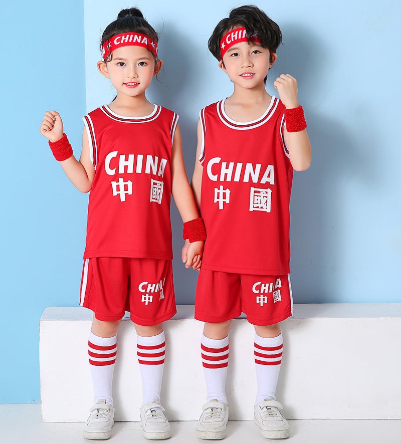Chinese Team Short-Sleeved Jersey Children'S Basketball Suit Boys' And Girls' Baby Kindergarten Fake Two-Piece Primary School Basketball Suit - Image 2