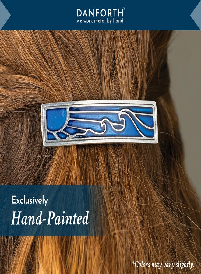 DANFORTH - ‘Wavesong’ Medium Barrette, Handcrafted Pewter Hair Barrettes For Women, Blue Woodblock Design, Measures 3" Long, 3/4" Tall, French Clasp, Made In USA - Image 2