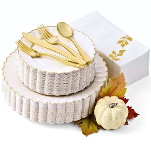 By Madee HIGH END 175 Pc Thanksgiving Plates and Napkins Sets - Ivory Scalloped Plates with Gold Trim Disposable Dinnerware Set for Fall, Friendsgiving Holidays (25 Guests) - Image 1