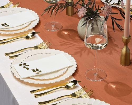 By Madee HIGH END 175 Pc Thanksgiving Plates and Napkins Sets - Ivory Scalloped Plates with Gold Trim Disposable Dinnerware Set for Fall, Friendsgiving Holidays (25 Guests) - Image 5