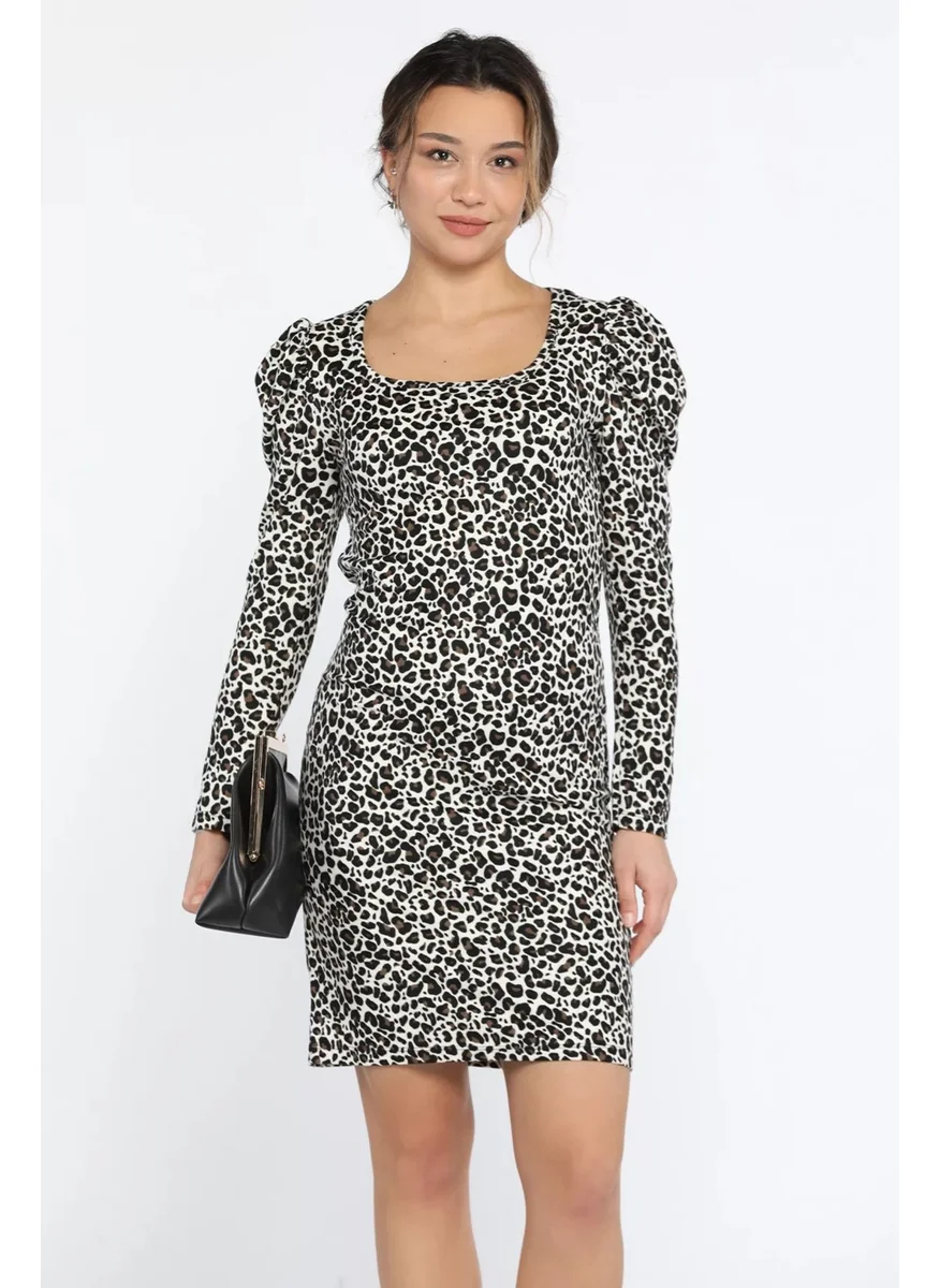Gülseli Rose Leopard Patterned Square Neck Suede Dress