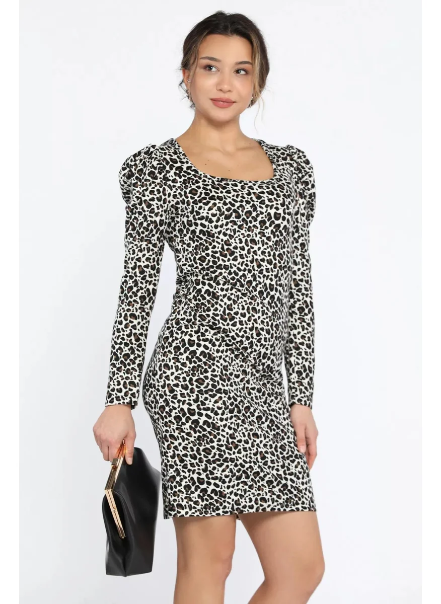 Gülseli Rose Leopard Patterned Square Neck Suede Dress