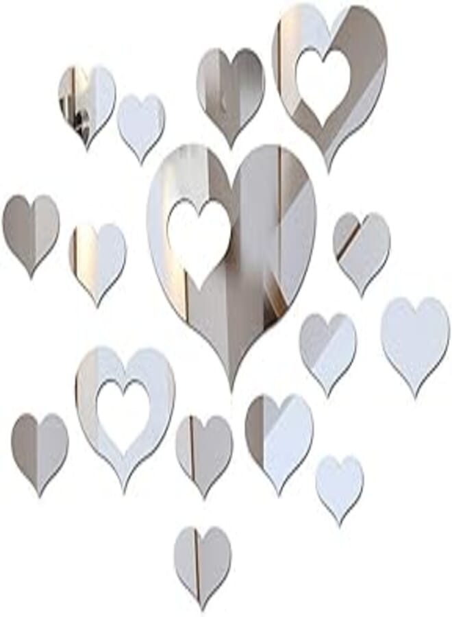 16pcs 3D Acrylic Heart Shaped Mirror Wall Stickers Silver Removable Art Wall Stickers Home Decor Wall Decors Pre-Adhesive