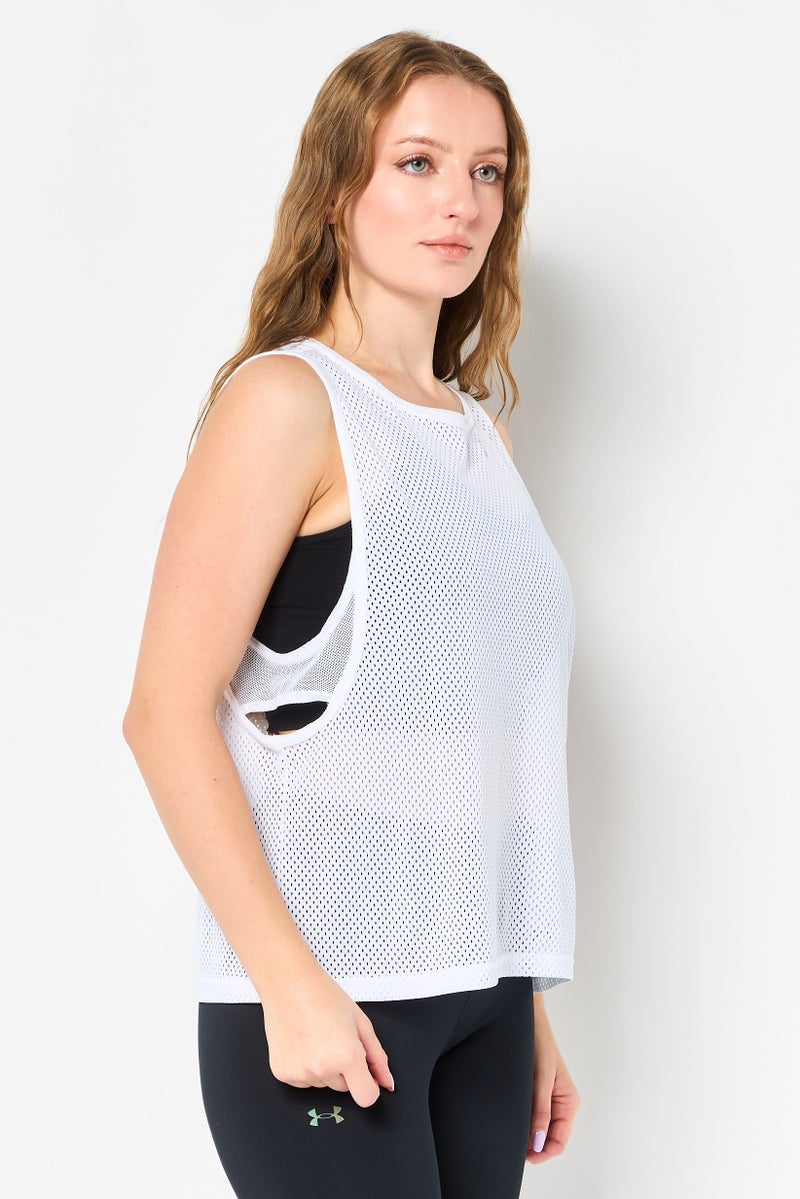 UNDER ARMOUR Women Loose Fit Sleeveless Training Mesh Tank Top, White - Image 3