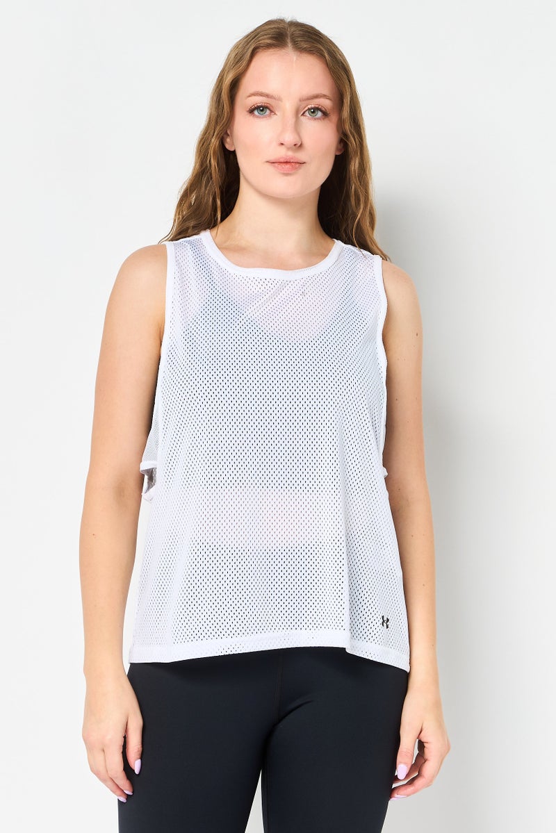 UNDER ARMOUR Women Loose Fit Sleeveless Training Mesh Tank Top, White - Image 1