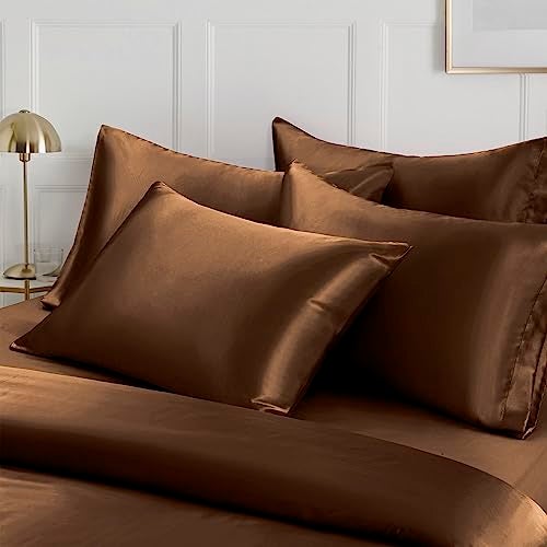 Ersmak 6 Pieces Satin Duvet Cover King Size Luxury Silky Bedding Duvet Cover Set with 1 Soft Duvet Cover, 4 King Pillowcases and 1 Body Pillowcase, Brown - Image 2