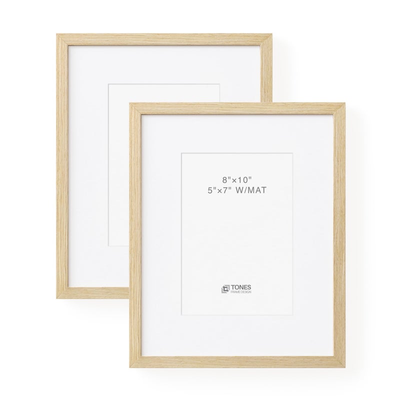 TONES FRAME DESIGN 8x10 Picture Frame Natural Solid Wood Venner Finish  Set of 2 Small Photo Frames with 5x7 Mat and Plexiglass Front for Tabletop Gallery Wall Home Decor
