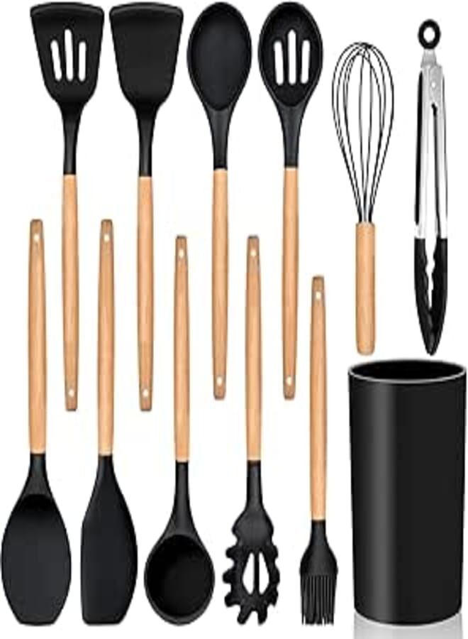 TeamFar 12Pcs Kitchen Cooking Utensils Set, Silicone Kitchen Gadgets Utensil Set for Nonstick Cookware with Wooden Handle, Spatula Spoon Turner, Non-Toxic & Non-Stick, Heat-Resistant, Black