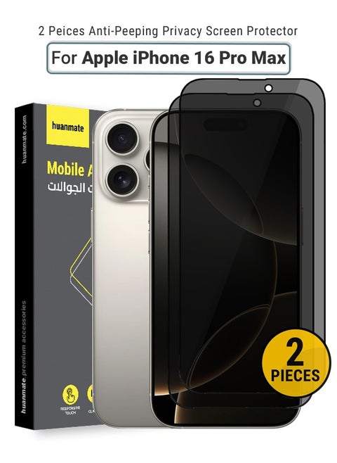 2 Pieces Apple iPhone 16 Pro Max Privacy Screen Protector – Premium Edge to Edge Anti Spy Privacy Tempered Glass, Oleophobic Coating, Delicate Touch, Anti-Explosion, Smooth Arc Edge, Easy Installation