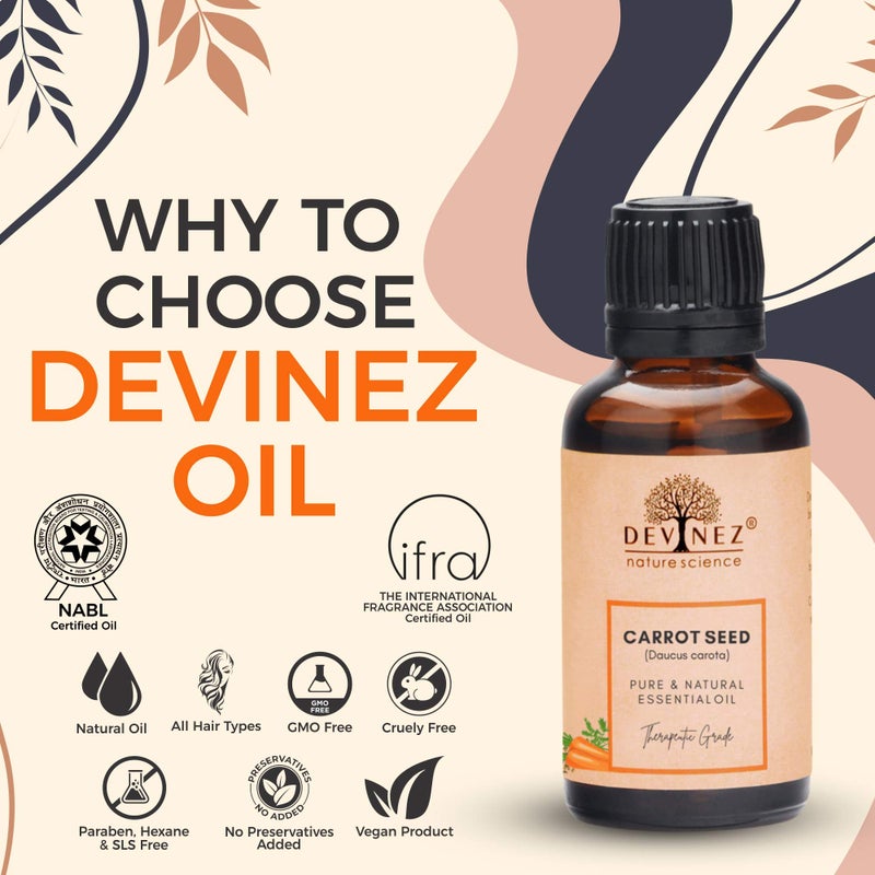 Devinez Carrot Seed Essential Oil, 10ml (NABL & IFRA Certified) 100% Pure, Natural & Undiluted in Glass Bottle, Therapeutic grade for Smooth Wrinkles, Fight Free Radicals, Firm and Tone the Skin, Enhance Skin Rejuvenation, Get Thick, Shiny & Healthy Hair - Image 2