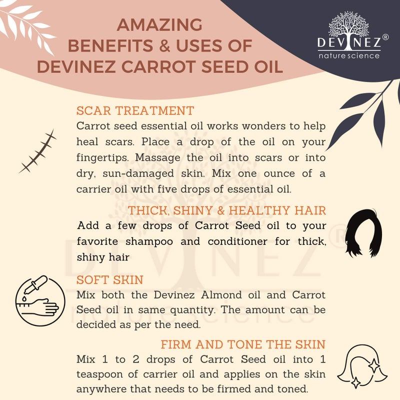 Devinez Carrot Seed Essential Oil, 10ml (NABL & IFRA Certified) 100% Pure, Natural & Undiluted in Glass Bottle, Therapeutic grade for Smooth Wrinkles, Fight Free Radicals, Firm and Tone the Skin, Enhance Skin Rejuvenation, Get Thick, Shiny & Healthy Hair - Image 5