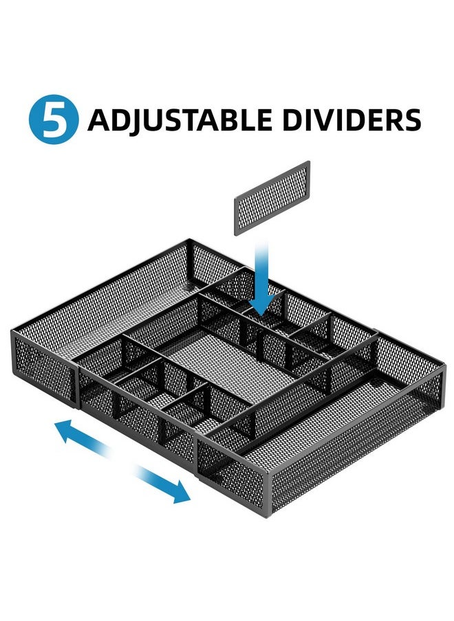 Expandable Desk Drawer Organizer, Mesh Drawer Organizer Tray With 10 Adjustable Compartments, Desk Organizers And Accessories, 5 Dividers Drawer For Office Supplies, Makeup & Vanity (Black)