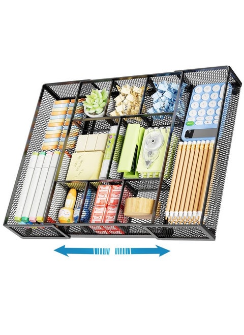Expandable Desk Drawer Organizer, Mesh Drawer Organizer Tray With 10 Adjustable Compartments, Desk Organizers And Accessories, 5 Dividers Drawer For Office Supplies, Makeup & Vanity (Black)