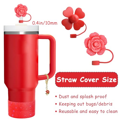 vikgle Stanley Cup Accessories Set,Including 2 Pcs 0.4in Straw Cover, 1 Silicone Spill-Proof Stopper Set of 3, 1 Cute Rose Handle Charm, 1 Silicone Boot Fits Stanley 40&30 Oz Tumbler (Chili) - Image 2
