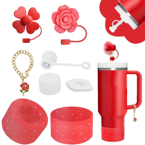 vikgle Stanley Cup Accessories Set,Including 2 Pcs 0.4in Straw Cover, 1 Silicone Spill-Proof Stopper Set of 3, 1 Cute Rose Handle Charm, 1 Silicone Boot Fits Stanley 40&30 Oz Tumbler (Chili) - Image 1