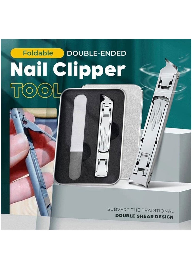 SYOSI Multifunctional Stainless Steel Fingernail and Toenail Clipper Cutters Foldable Wide Jaw Opening Cutter with Safety Lock Double Head Curved Slanted Trimmer Sharp Nail File Box - Image 3