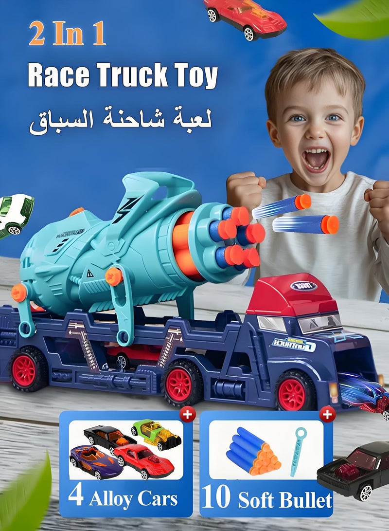 2 In 1 Truck Toy, Race Car Track Toy with Launcher, Folding Truck Catapult Toy with 8 Alloy Cars, Sliding Track Catapult Truck Toy, Transport Car Carrier Toy, Container Truck Toy, Die-Cast Transport Truck Toy, Kids Vehicle Playset with Slots & Foldable Race Tracks - Image 1
