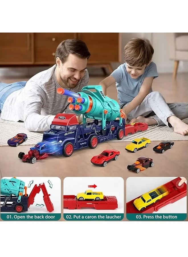 2 In 1 Truck Toy, Race Car Track Toy with Launcher, Folding Truck Catapult Toy with 8 Alloy Cars, Sliding Track Catapult Truck Toy, Transport Car Carrier Toy, Container Truck Toy, Die-Cast Transport Truck Toy, Kids Vehicle Playset with Slots & Foldable Race Tracks - Image 3