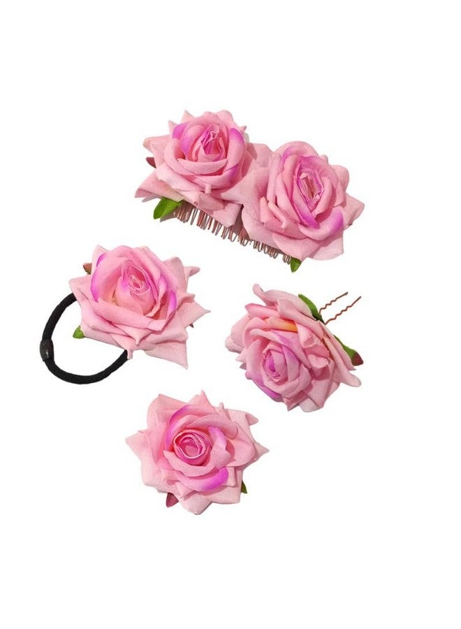 Hair Flare Rose Hair Accessories Combo Pack, 1 Rubber Band, 1 Comb Slide, 1 Hair Clip, 1 Hair Pin_2479_BabyPink - Image 1