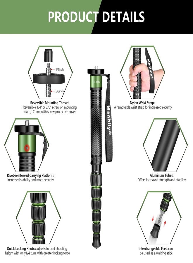 Manbily Monopods for Cameras Camera Monopod 61inches Walking Stick with Handle Portable Compact Travel Monopod Aluminum Alloy Selfie Stick 6 Sections 15.4lbs for DSLR Video Camcorder Stand (GREEN) - Image 4