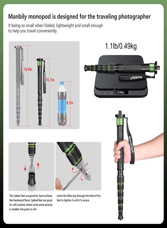 Manbily Monopods for Cameras Camera Monopod 61inches Walking Stick with Handle Portable Compact Travel Monopod Aluminum Alloy Selfie Stick 6 Sections 15.4lbs for DSLR Video Camcorder Stand (GREEN) - Image 3