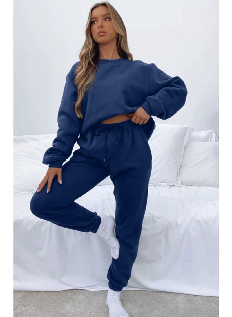 general Winter/ Autumn Solid-color Round-neck Pullover Pants for Women - Fashionable Casual Long-sleeved Sweatshirt Set - Image 1