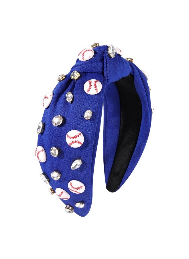 Boderier - Game Day Headband Baseball Knotted Headband For Women Bejeweled Sports Hairband Crystal Embellished Wide Top Knot Headband Game Day Accessories Gifts (Blue) - Image 1