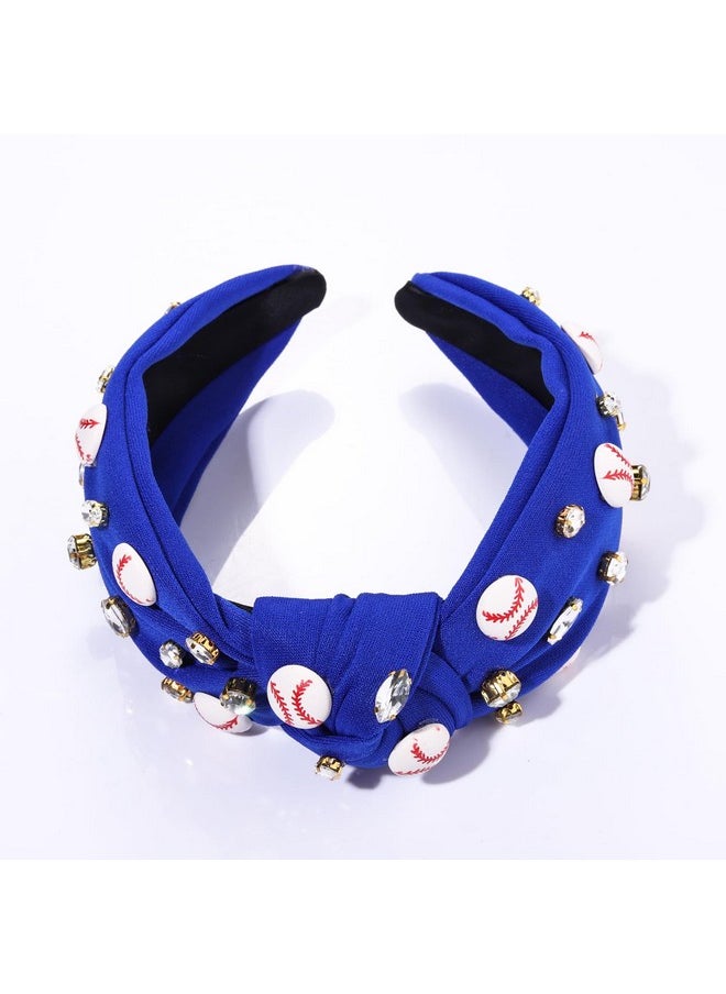 Boderier - Game Day Headband Baseball Knotted Headband For Women Bejeweled Sports Hairband Crystal Embellished Wide Top Knot Headband Game Day Accessories Gifts (Blue) - Image 1