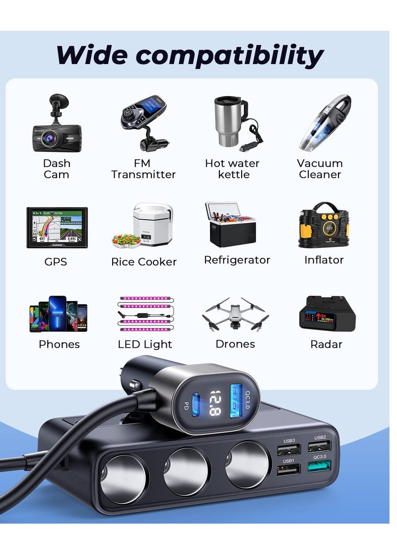 SYOSI 9 in 1 Car Charger Adapter, 3 Socket Cigarette Lighter Splitter with PD/QC 3.0 * 2 Charge(3.3FT Cable), Cast Charge, Independent Switches DC Cigarette Outlet Car Charger for All Car Devices - Image 3