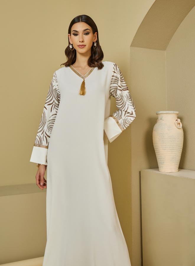 ستايلي جلابية مطبوعة بياقة على شكل حرف  وتفاصيل شراشيب - Image 2