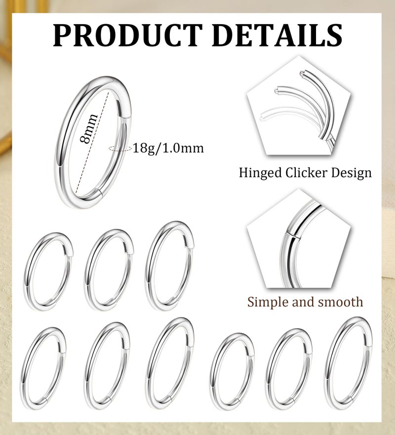 MJust 3pcs Nose Rings Hoops - G23 Pure Titanium Hinged Nose Hoops 16G/18G/20G CZ Clicker Septum Nose Ring Lip Helix Cartilage Hoop Earring Daith Rook Conch Body Piercing Jewelry for Women Men 6MM 8MM 10MM - Image 2